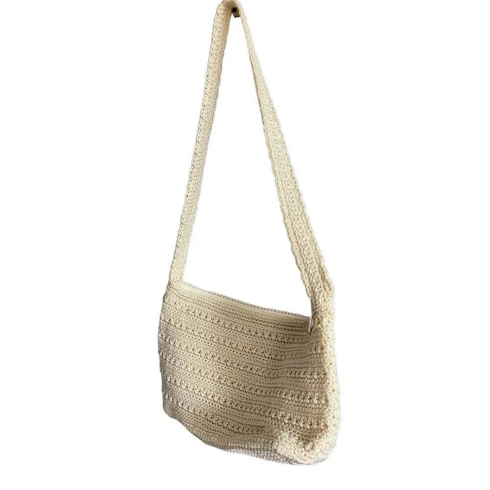 The Sak Womens Ivory Knit Crochet Top Zip Single Strap Purse Shoulder Handbag